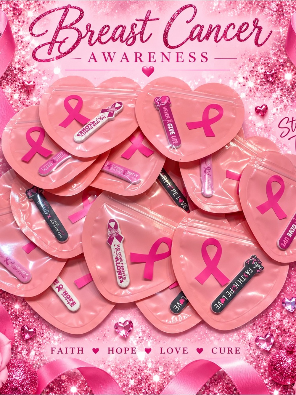 *Buy Now” Breast Cancer Awareness Nail File Heart Thank You’s Set of 15